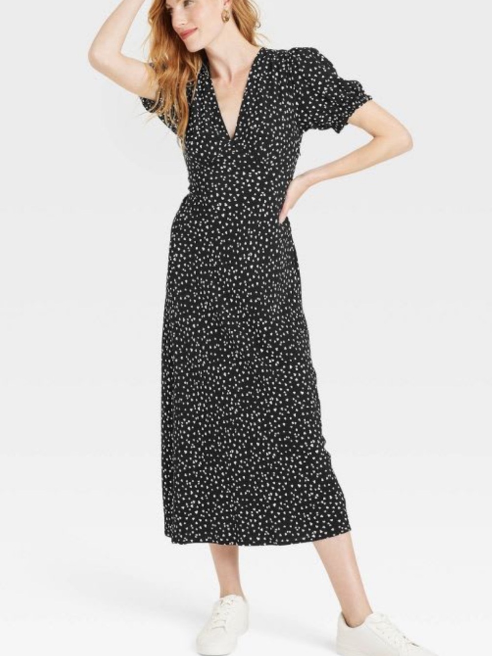 A New Day Puff Sleeve V Neck Maxi Dress Black White Heart Print